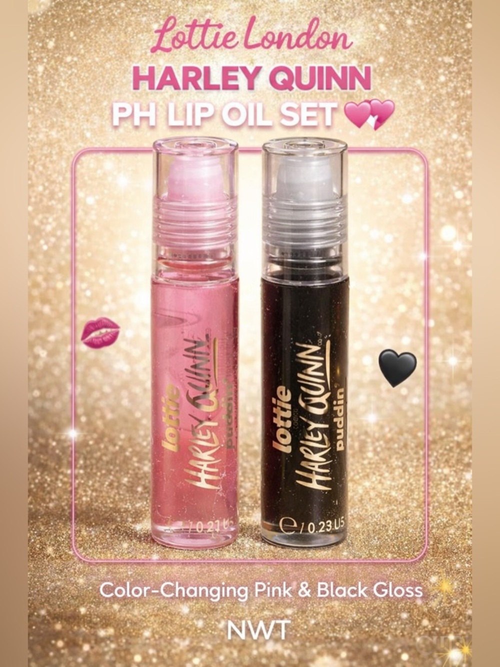 Lottie London Harley Quinn PH Lip Oil Set (2) Color-Changing Pink & Black Gloss